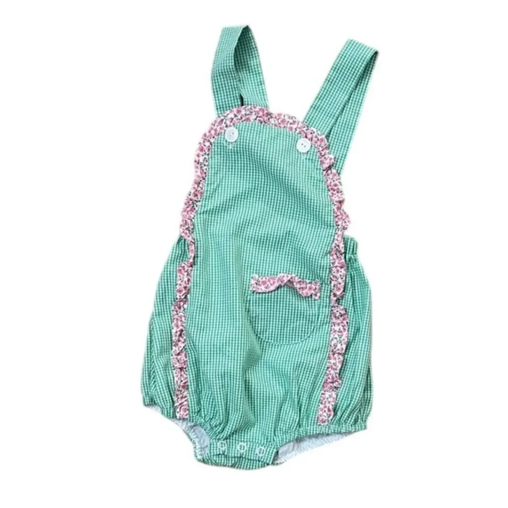 Baby Sen by Remember Nguyen Green Gingham Romper Size 18M Floral Ruffles
